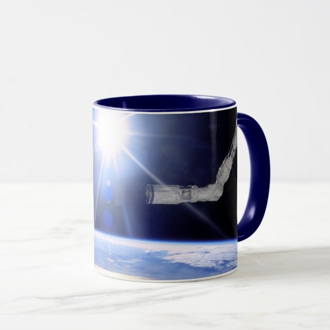 Space Shuttle Robot Arm Earth Orbit Sunburst Mug (Front Right)