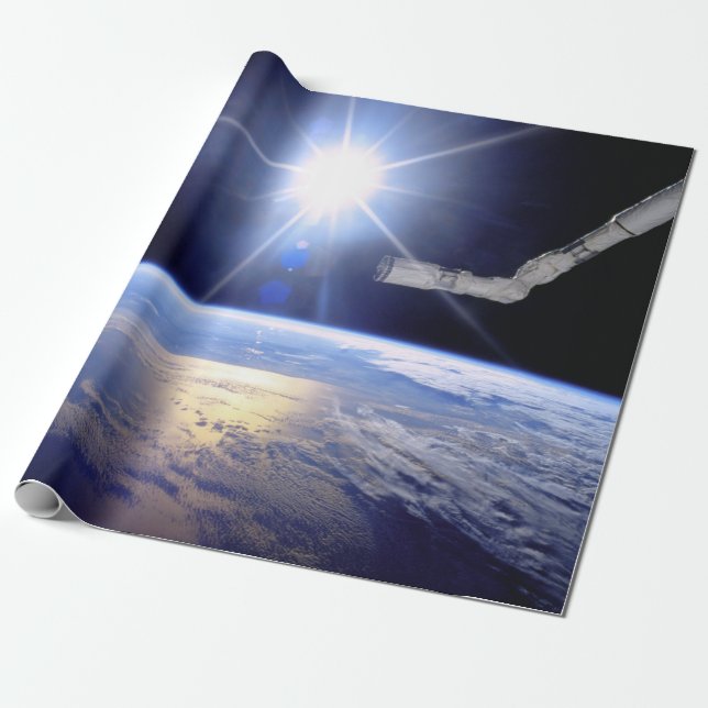 Space Shuttle Robot Arm Earth Orbit Sunburst Wrapping Paper (Unrolled)