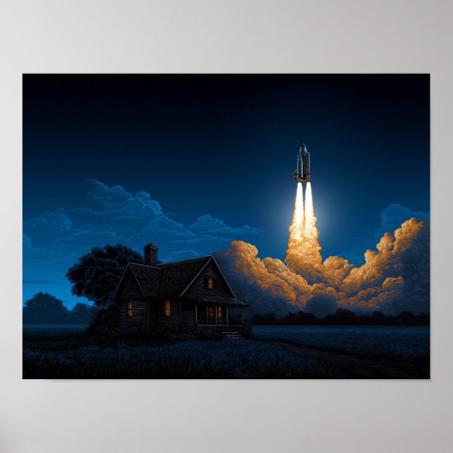 Space Shuttle Rocket Launch At Night Behind Farmho Poster (Front)