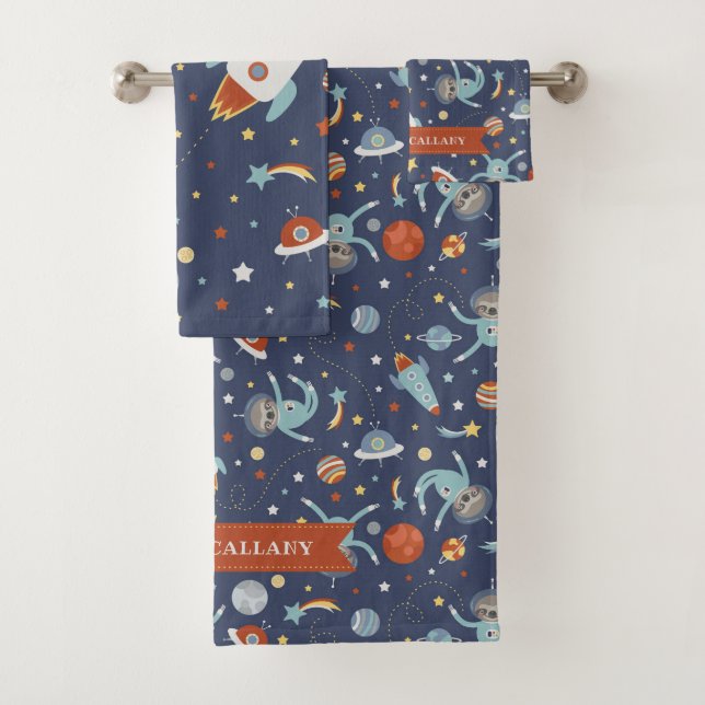 Space Sloth - Reach for the Stars - Custom Name Bath Towel Set (Insitu)