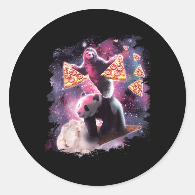 Space Sloth With Pizza On Panda Riding Ice Cream Classic Round Sticker (Front)
