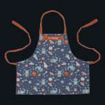 Space Sloths Cute Pattern - Add Name Apron<br><div class="desc">Fun sloth patterned apron in dark blue with lots of astronaut sloths floating around in space among space ships,  rockets,  planets,  moons,  stars,  and shooting stars. Personalize with your name or your child's name on the red label.</div>