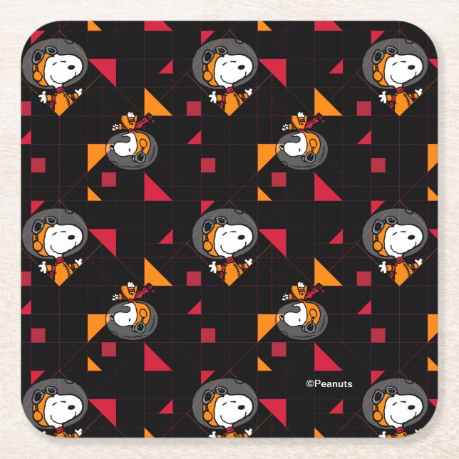 SPACE | Snoopy Space Suit Black Pattern Square Paper Coaster (Front)