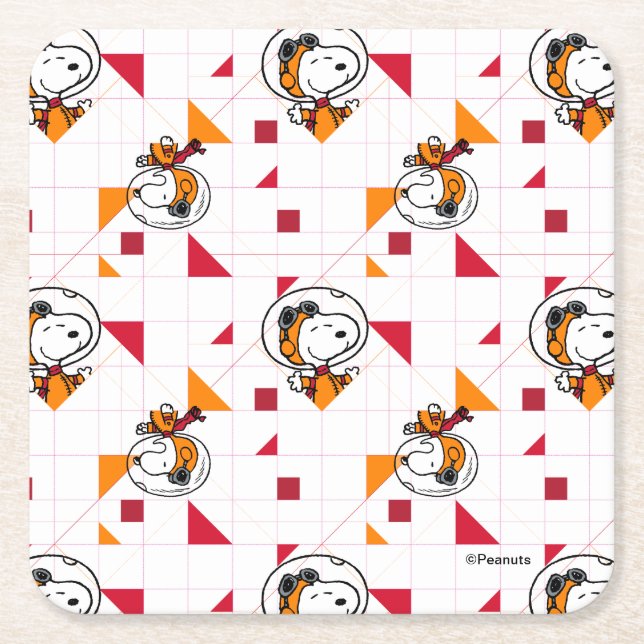 SPACE | Snoopy Space Suit White Pattern Square Paper Coaster (Front)