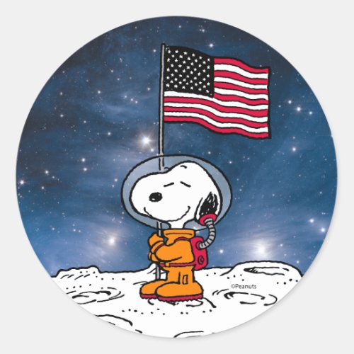 SPACE  Snoopy With Flag Astronaut Classic Round Sticker