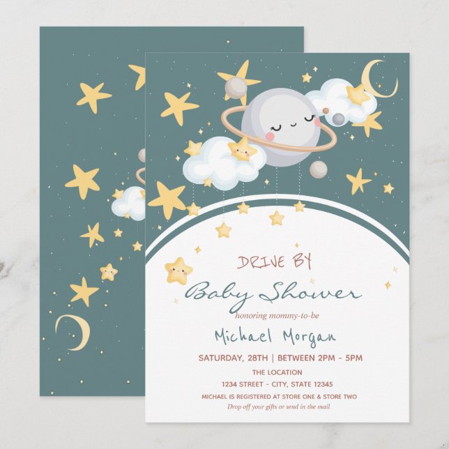  Space Stars Clouds Planet Drive By Baby Shower   Invitation (Front/Back)