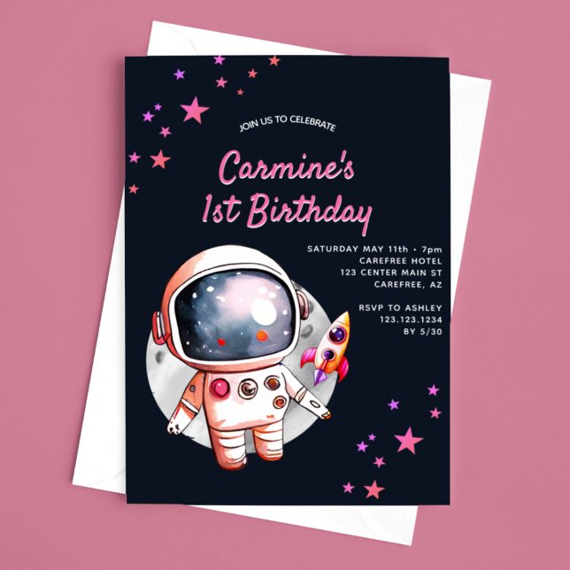 Space Stars Rocket Ship Girls 1st Birthday Invitation (Creator Uploaded)