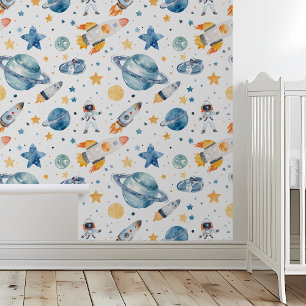 Space Stars Rockets Planets Watercolor Wallpaper