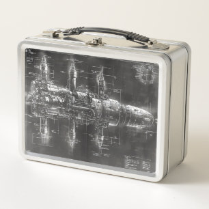 Space Station Black Blueprint Metal Lunch Box