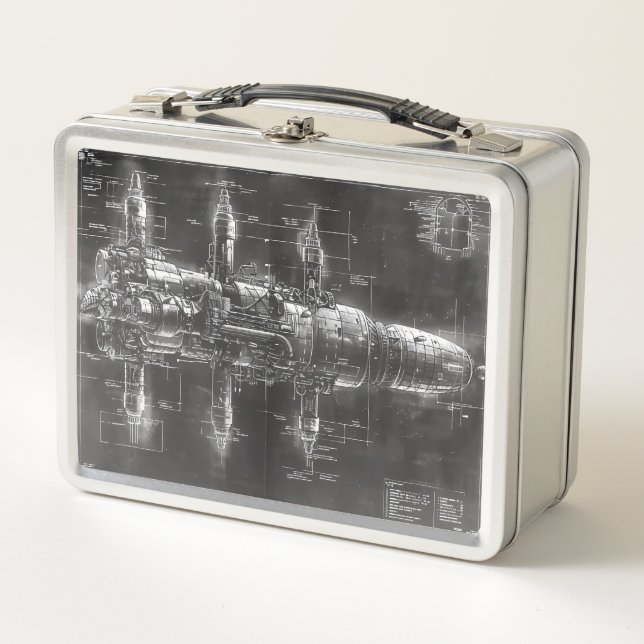 Space Station Black Blueprint Metal Lunch Box (Front)