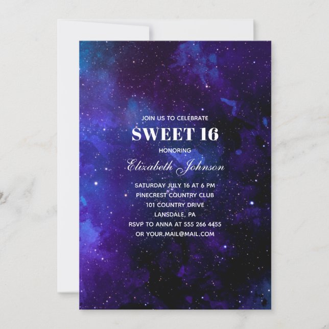 Space sweet 16. Night stars. Modern 16th birthday Invitation (Front)