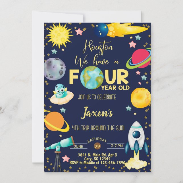 Space-tacular boy 4th birthday invitation. invitation (Front)