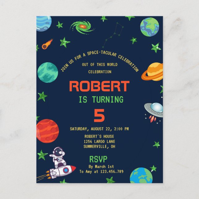 SPACE-TACULAR CELEBRATION BIRTHDAY INVITATION POSTCARD (Front)