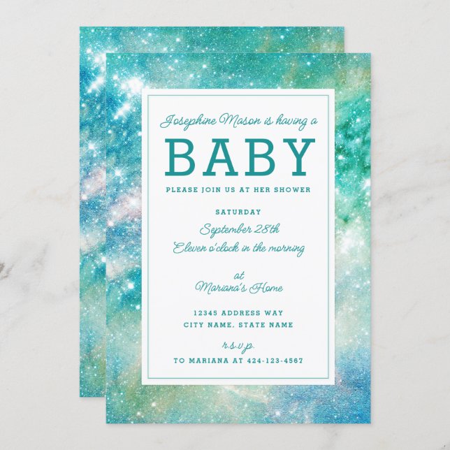 Space Teal Aqua Galactic Starry Baby Shower Invitation (Front/Back)