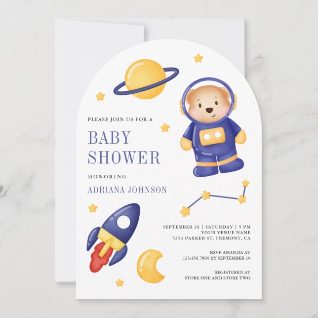 Space Teddy Bear Astronaut Arch Baby Shower Invitation (Front)