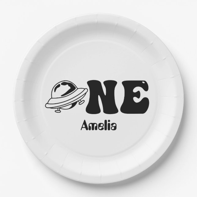 Space Theme 1st Birthday UFO Paper Plates (Front)