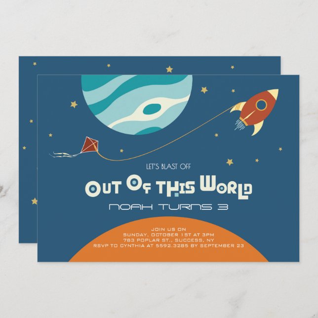 Space theme birthday, a blast out of of this world invitation (Front/Back)