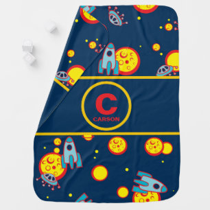 Space Theme for Boys in Blue Red and Yellow Name Baby Blanket