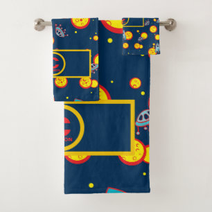 Space Theme for Boys in Blue Red and Yellow Name Bath Towel Set