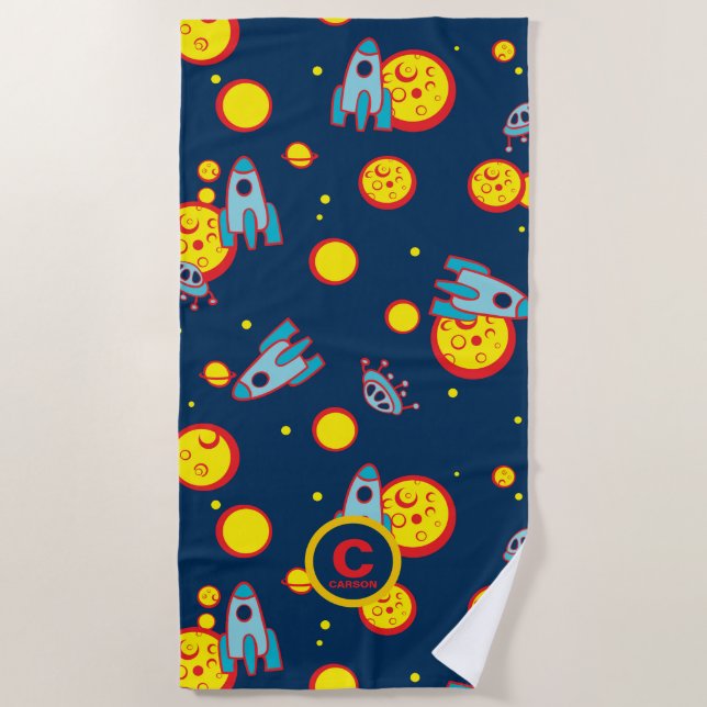 Space Theme for Boys in Blue Red and Yellow Name Beach Towel (Front)