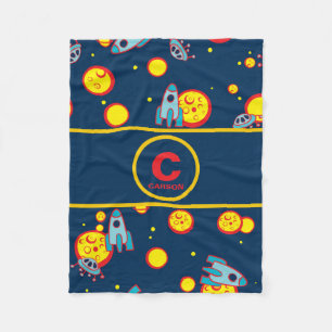 Space Theme for Boys in Blue Red and Yellow Name Fleece Blanket