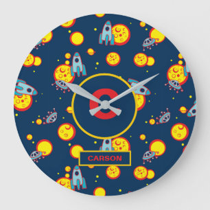 Space Theme for Boys in Blue Red and Yellow Name Large Clock