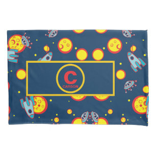 Space Theme for Boys in Blue Red and Yellow Name Pillow Case