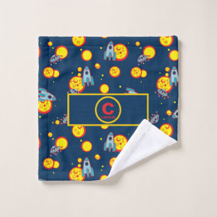 Space Theme for Boys in Blue Red and Yellow Name Wash Cloth