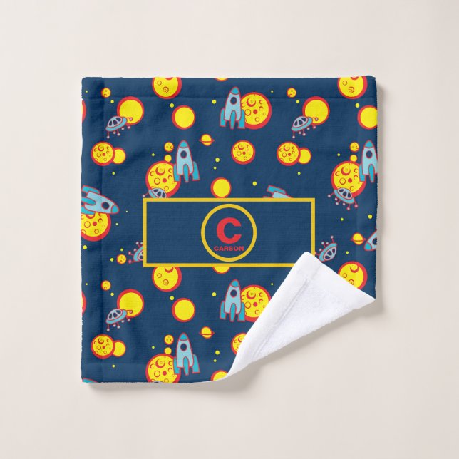 Space Theme for Boys in Blue Red and Yellow Name Wash Cloth (Wash Cloth)