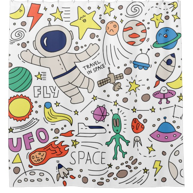 Space theme in doodle style illustration shower curtain (Front)