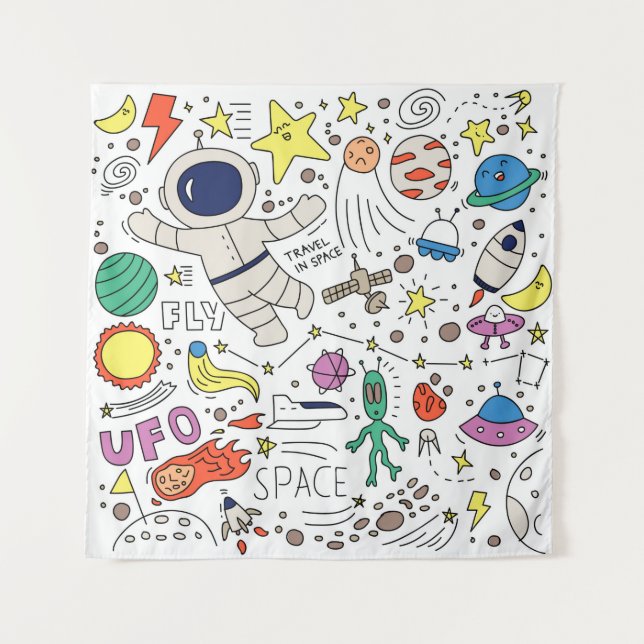 Space theme in doodle style illustration tapestry (Front)
