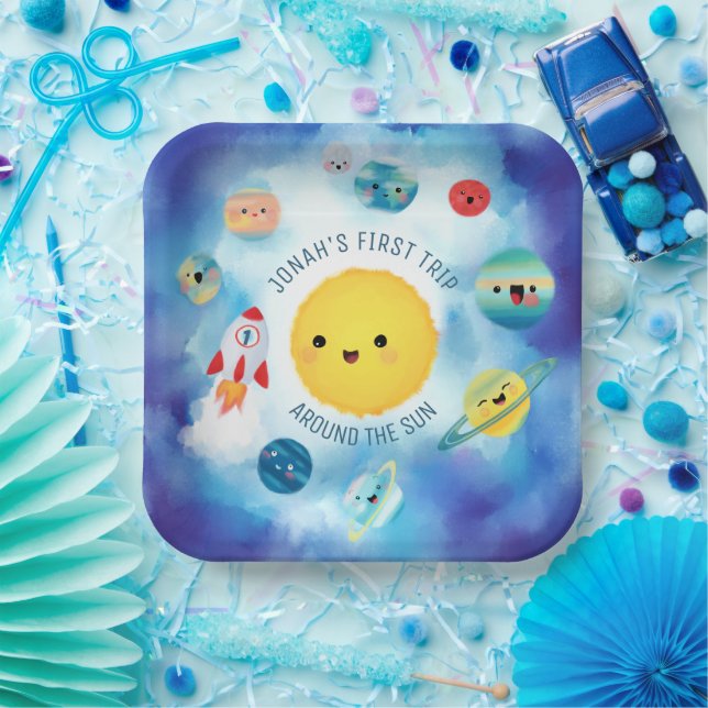 Space theme Outer Space Rocket 1st Birthday  Paper Plates (Party)