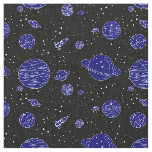 Space Theme Planets Rockets Stars on Black Fabric