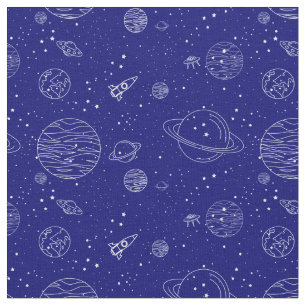 Space Theme Planets Rockets Stars on Blue Fabric