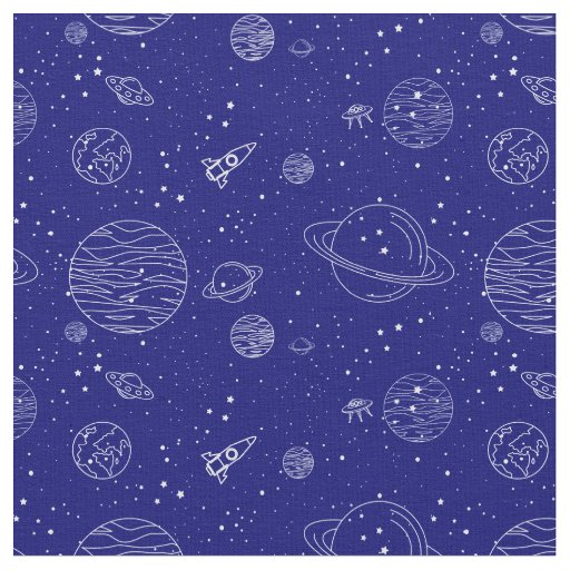Space Theme Planets Rockets Stars on Blue Fabric