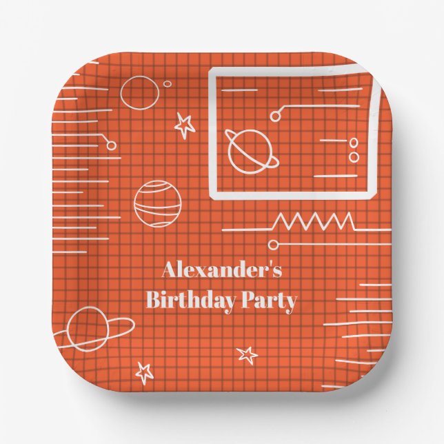 Space Theme Spaceship Computer Screen Birthday Paper Plates (Front)