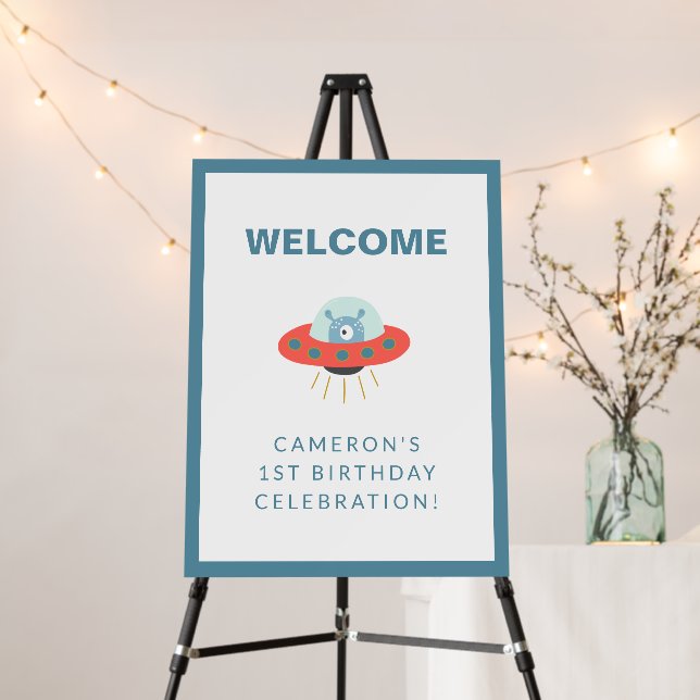 Space-Themed Alien UFO Welcome First Birthday Foam Board (In Situ (Stand))