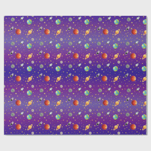 Space Themed Astronaut, Rocket Ship, and Planet Wrapping Paper