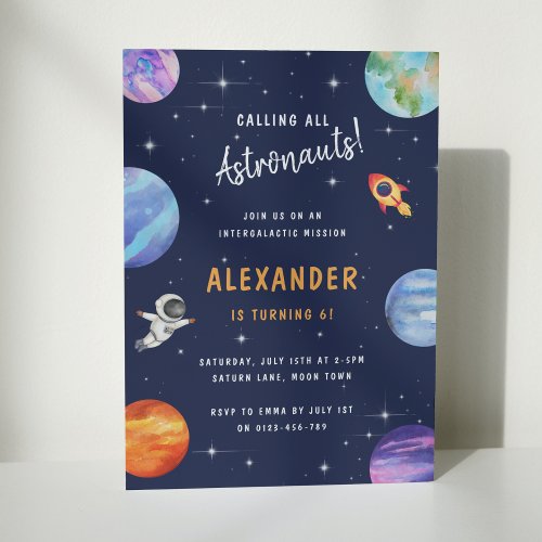 Space Themed Birthday Party Cute Watercolor Invitation