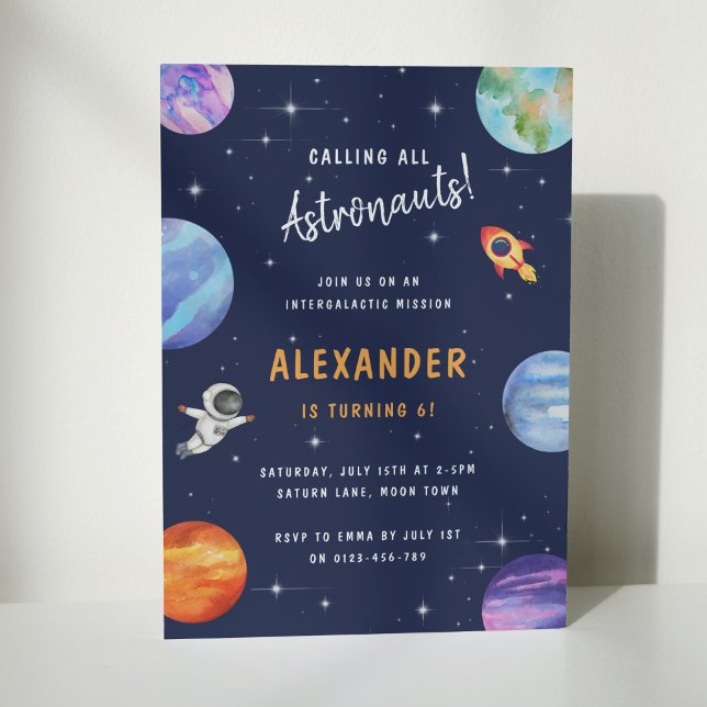Space Themed Birthday Party Cute Watercolor Invitation (Creator Uploaded)
