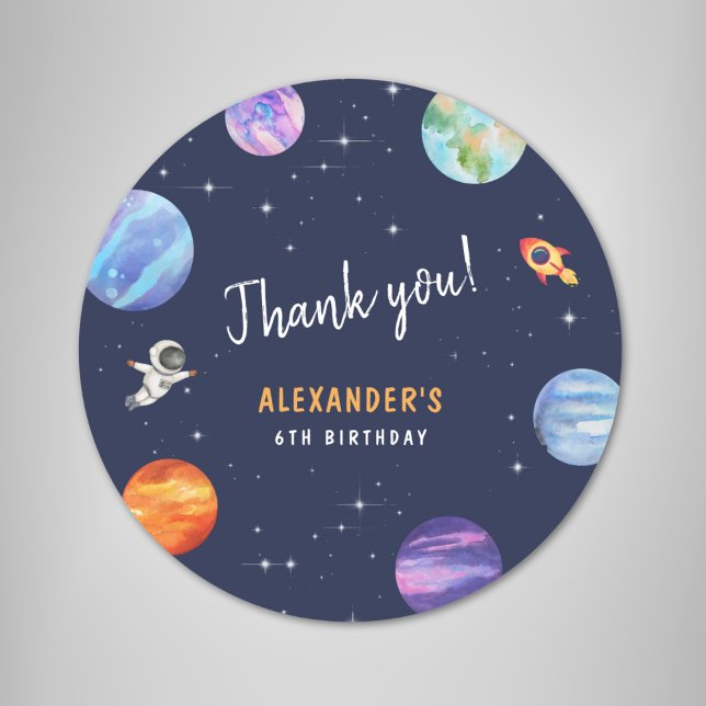 Space Themed Birthday Party Favor Thank you Classic Round Sticker (Creator Uploaded)