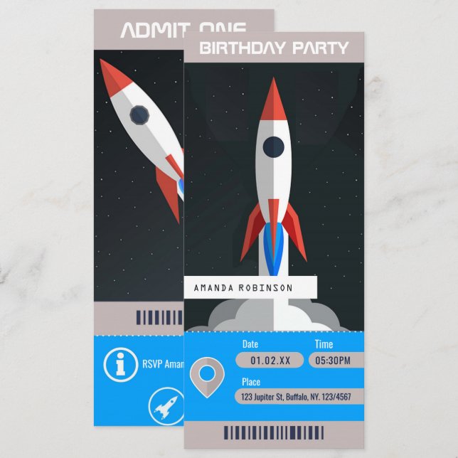 Space Themed Birthday Party Travel Ticket Invitation (Front/Back)