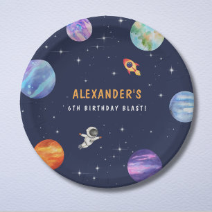 Space Themed Cute Birthday Party Watercolor Paper Plates