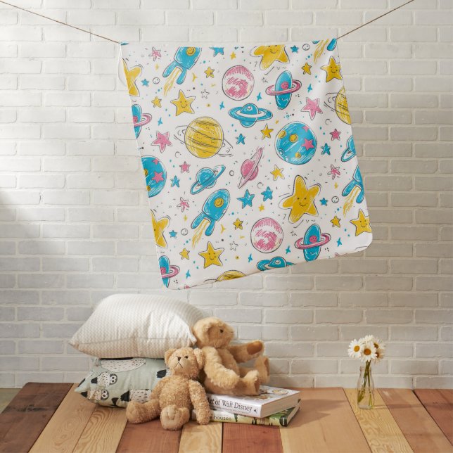 Space themed doodles on white background baby blanket (In Situ)