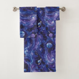 Space-themed pattern with stars and planets bath towel set