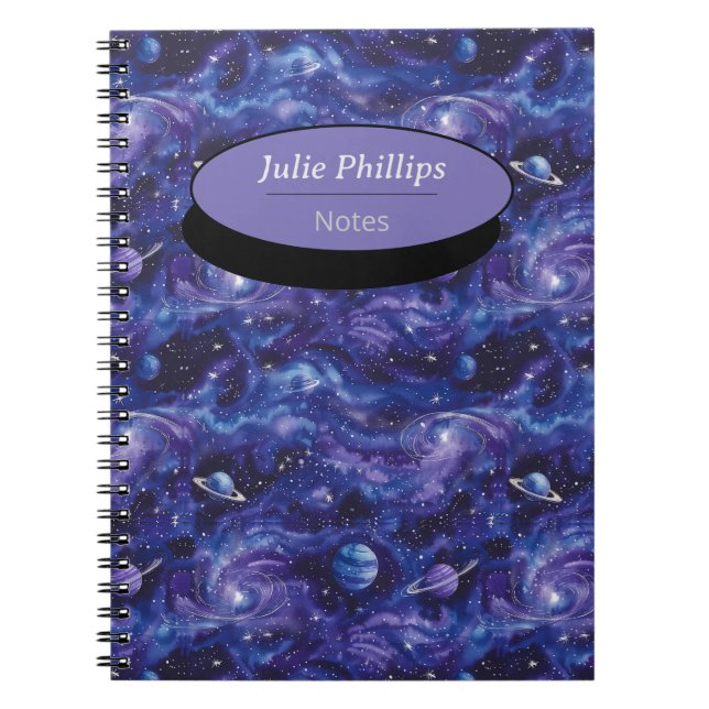 Space-themed pattern with stars and planets notebook (Front)