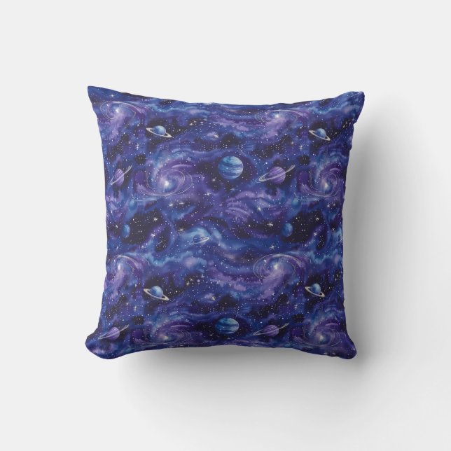 Space-themed pattern with stars and planets throw pillow (Front)