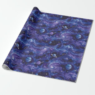 Space-themed pattern with stars and planets wrapping paper