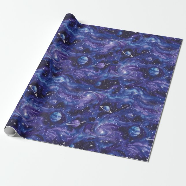 Space-themed pattern with stars and planets wrapping paper (Unrolled)