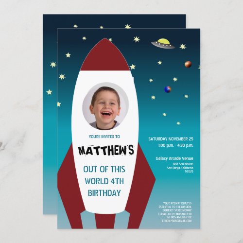 SPACE THEMED Photo Rocket 4th Birthday Invitation